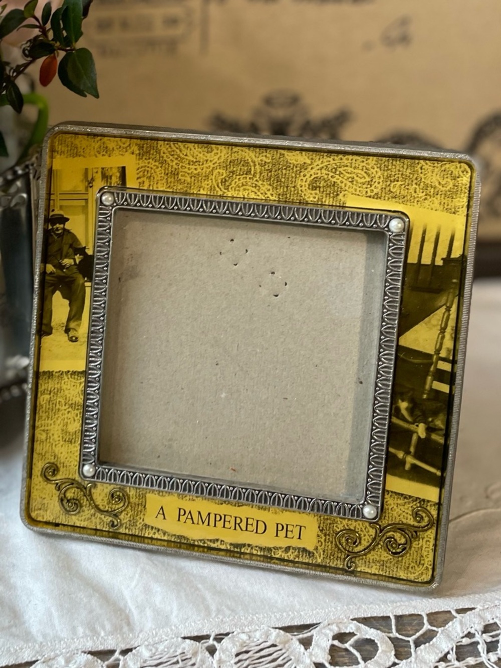 Yellow antique silver metal small 4x4 picture frame A Pampered Pet